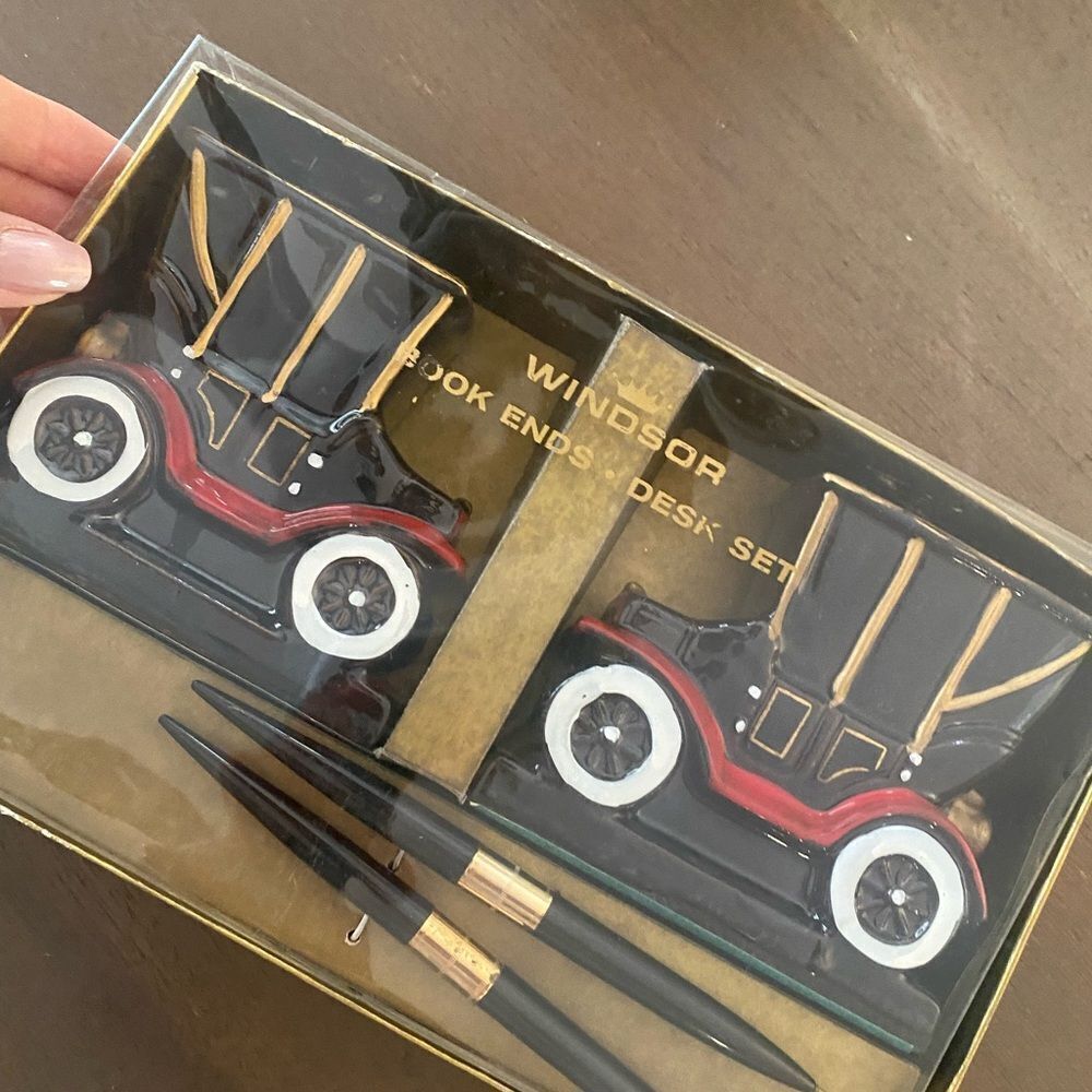 Vintage Antique Car Desk Set/ Bookends Pen Set